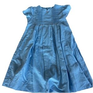 Talbots Kids Girls 6X Blue Linen Cotton Dress Lined Pleated Embroidered Tulips‎